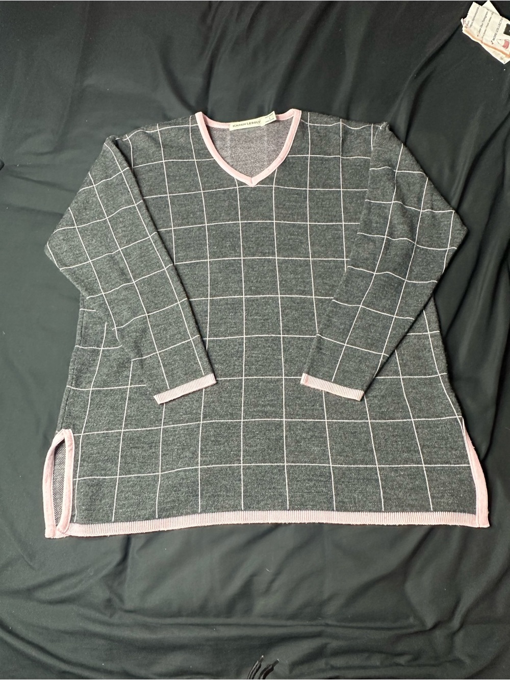 Karen Lessly tunic sweater
 V-Neck Sweater - Gray with Pink Trim